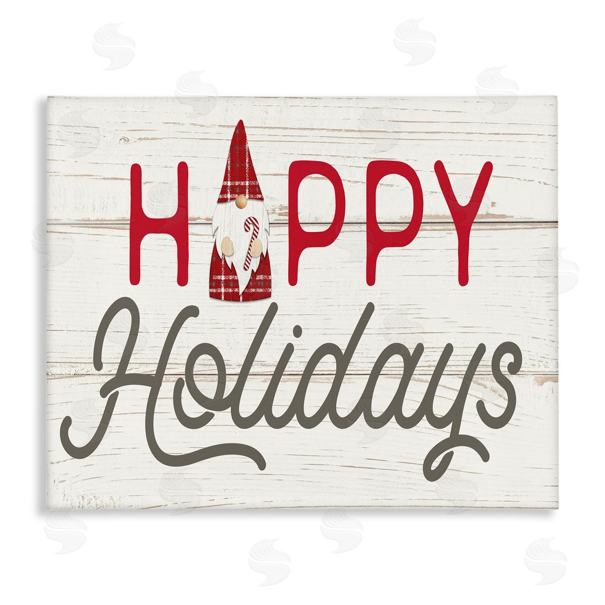 Fluidity/PDR LLC. Happy Holidays Phrase Festive Plaid Christmas Gnome Canvas Wall Art