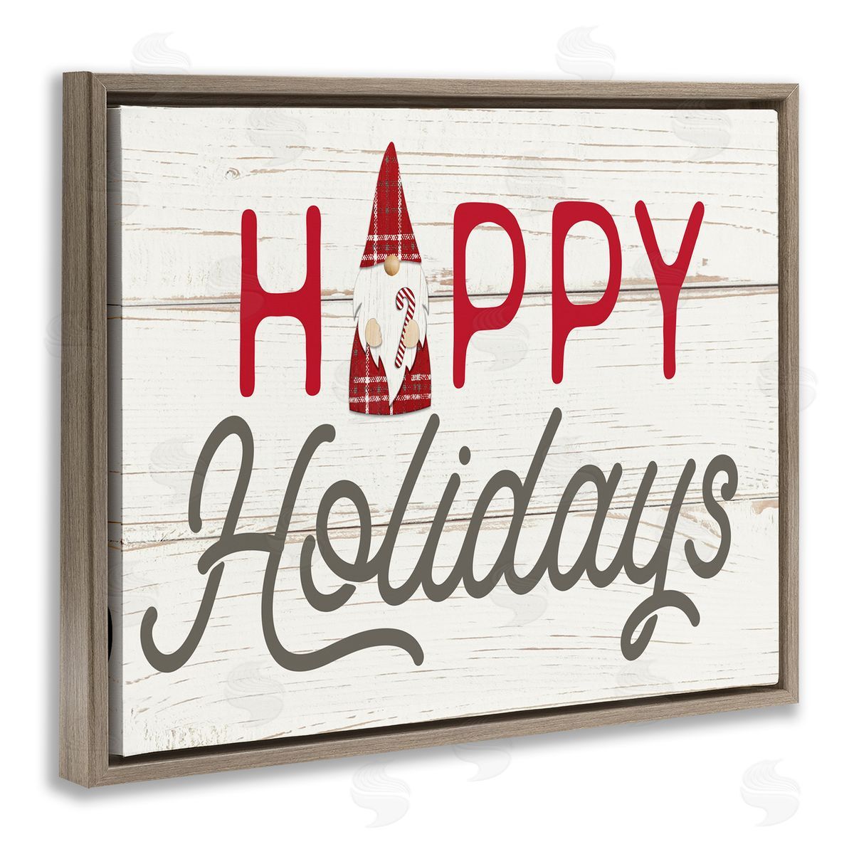 Fluidity/PDR LLC. Happy Holidays Phrase Festive Plaid Christmas Gnome Brown Floater Frame Canvas Art