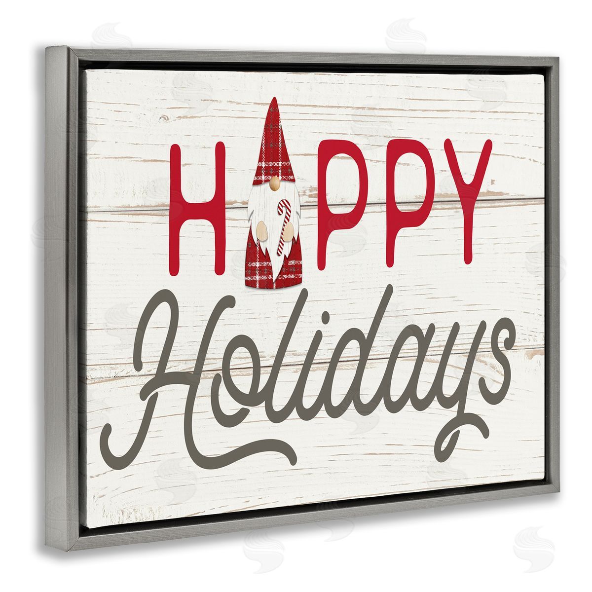 Fluidity/PDR LLC. Happy Holidays Phrase Festive Plaid Christmas Gnome Gray Floater Frame Canvas Art