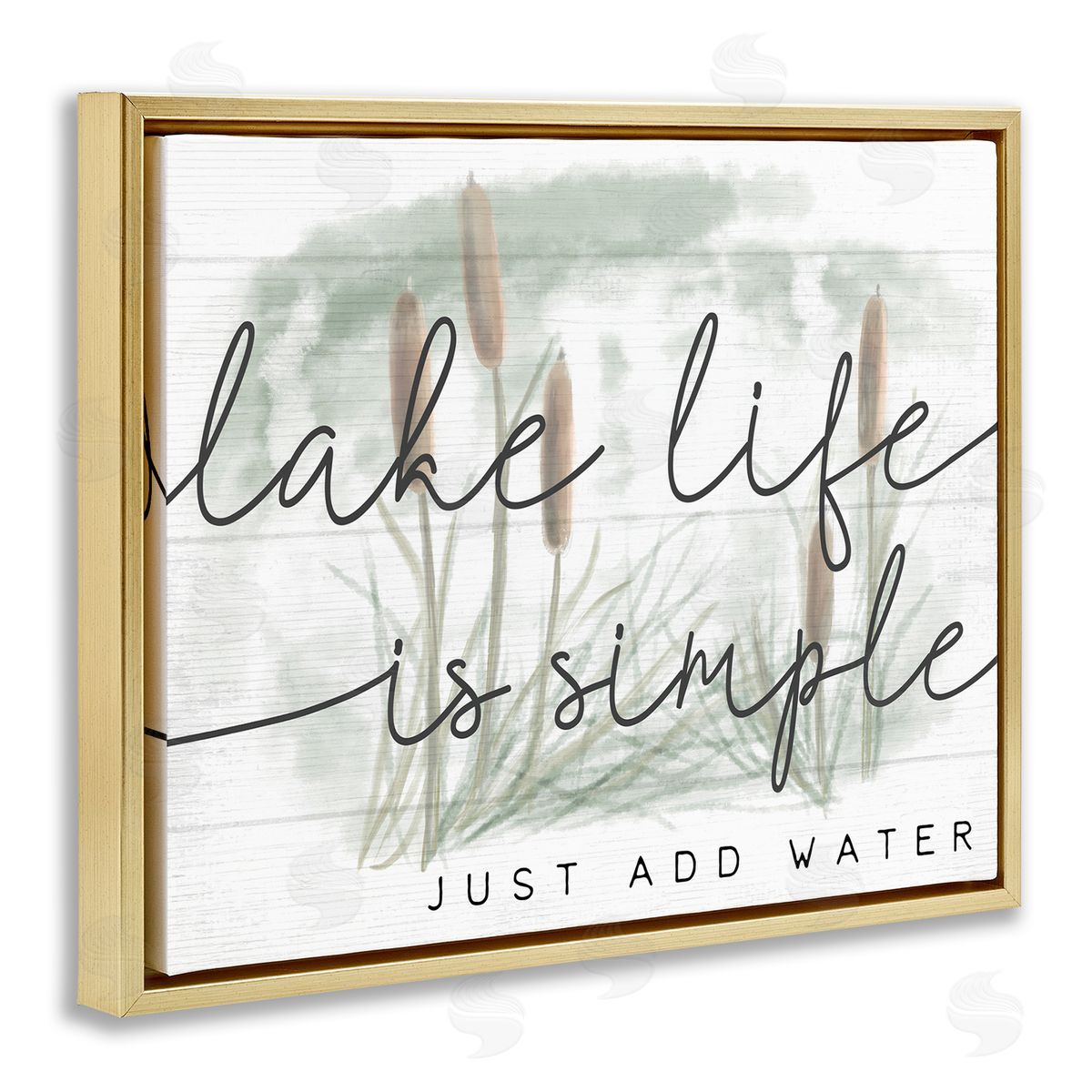 Stupell Studio Lake Life Simplicity Phrase Cattail Water Plants Gold Floater Frame Canvas Art