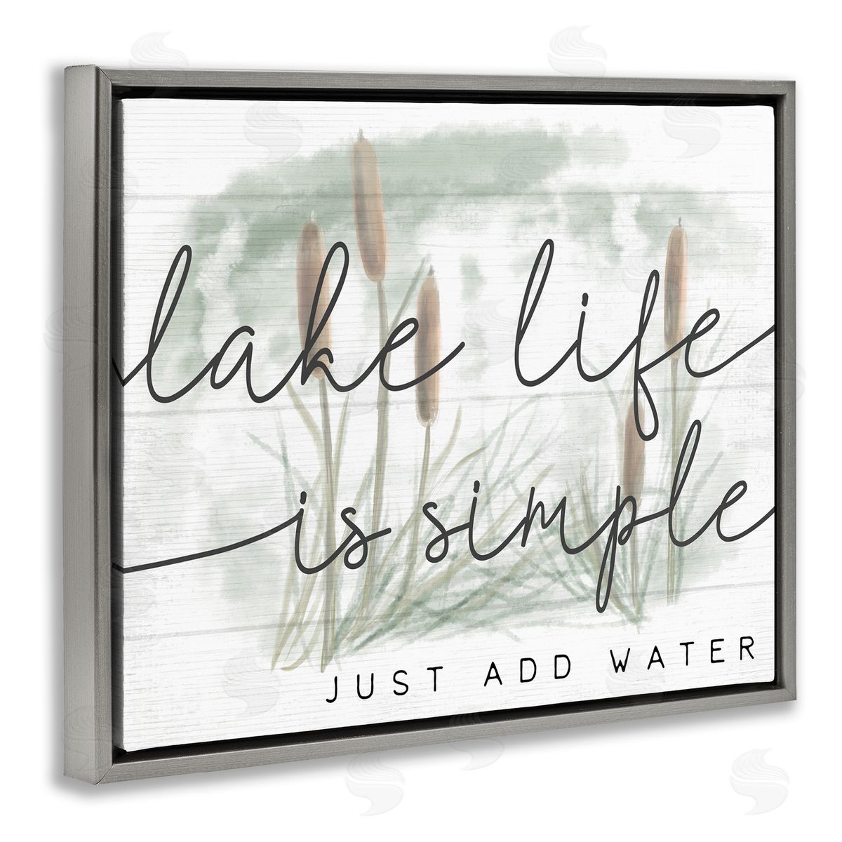 Stupell Studio Lake Life Simplicity Phrase Cattail Water Plants Gray Floater Frame Canvas Art