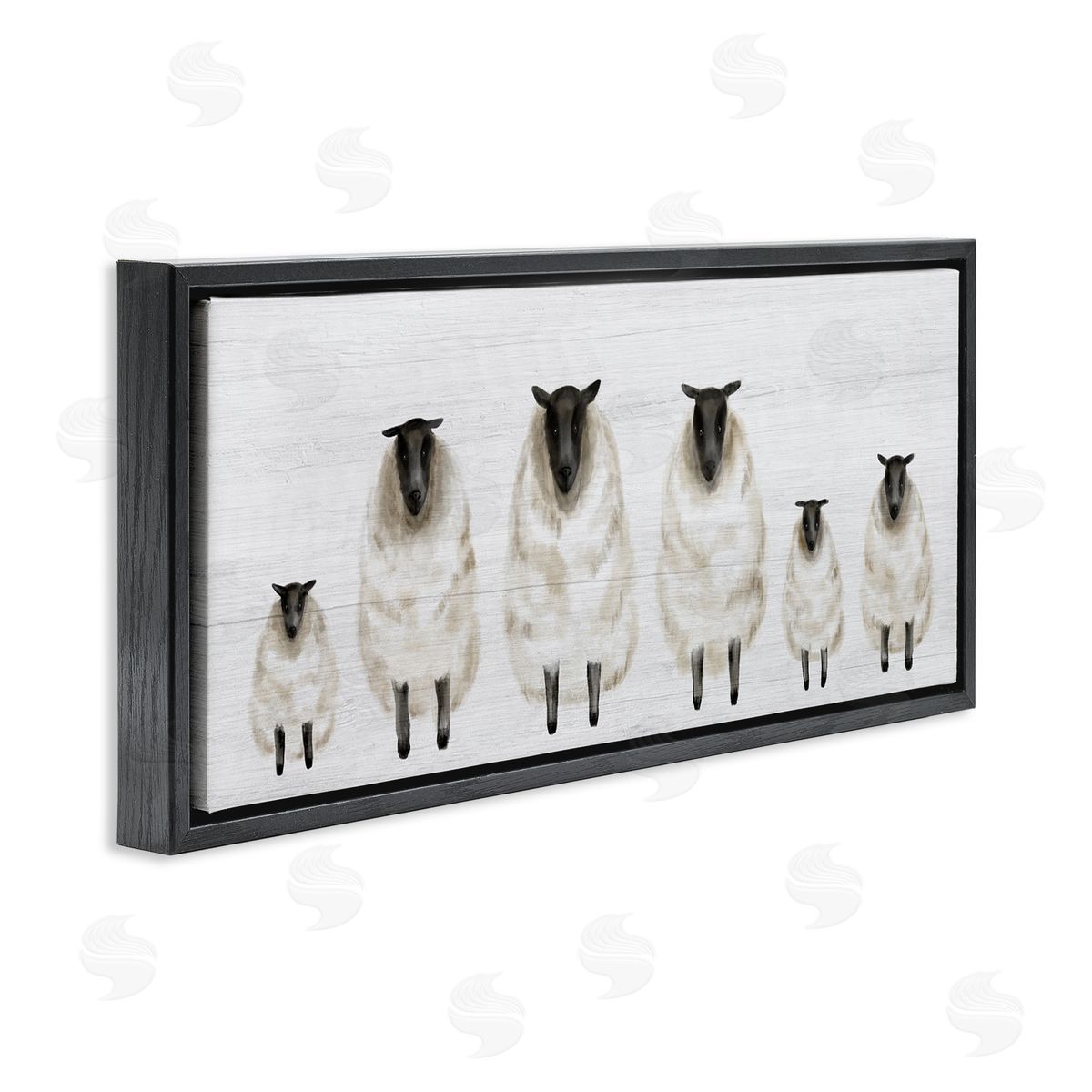 Stupell Studio Fluffy Farm Sheep Minimal White Plank Pattern Black Floater Frame Canvas Art