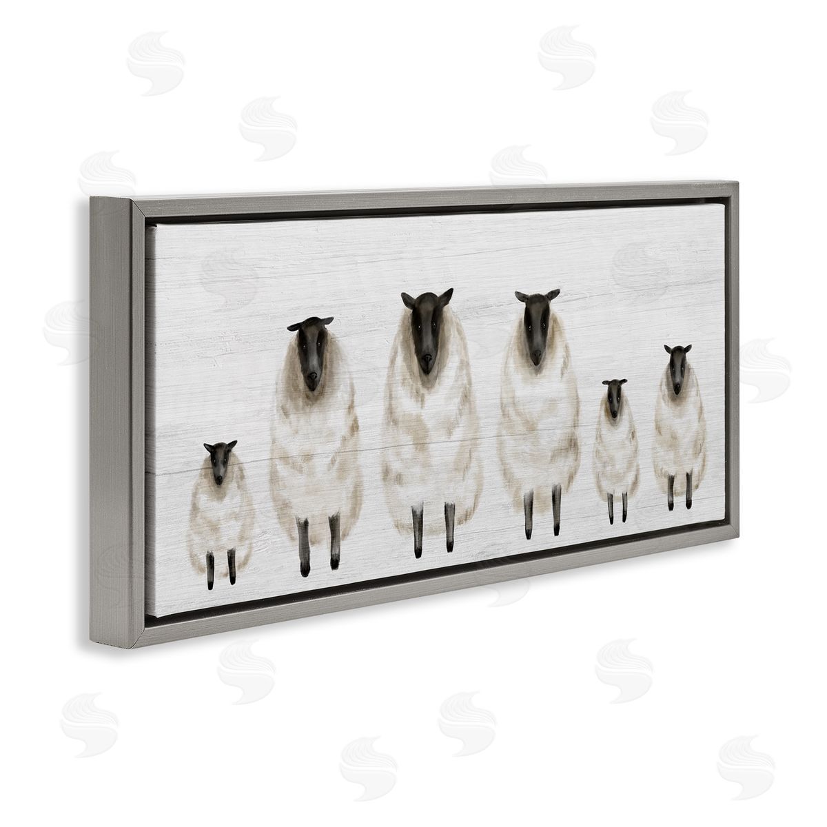 Stupell Studio Fluffy Farm Sheep Minimal White Plank Pattern Gray Floater Frame Canvas Art