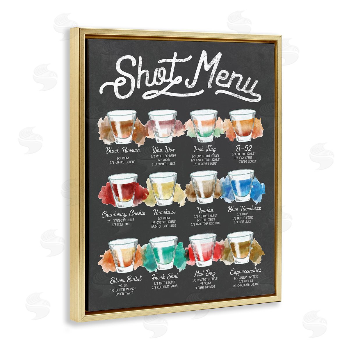 Stupell Studio Shot Menu Drink Recipes Fun Watercolor Styling Gold Floater Frame Canvas Art