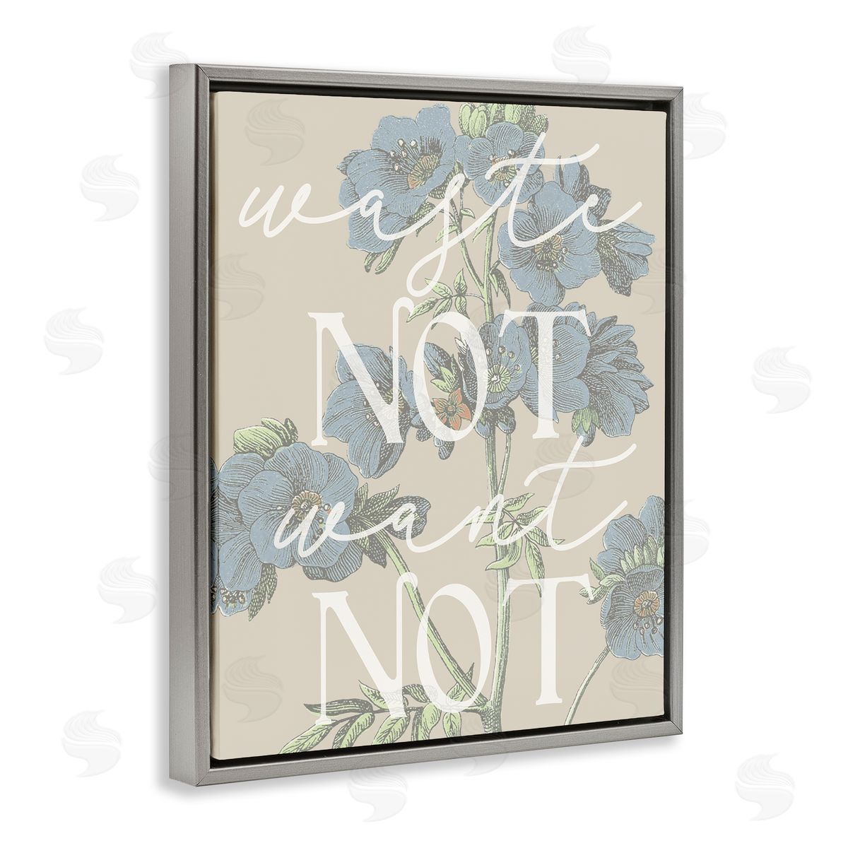 Stupell Studio Waste Not Want Not Quote Blue Botanicals Gray Floater Frame Canvas Art