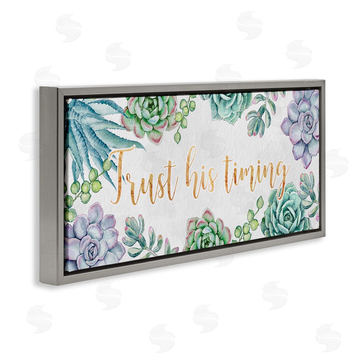 Ziwei Li Trust His Timing Sentiments Green Succulent Plants Gray Floater Frame Canvas Art