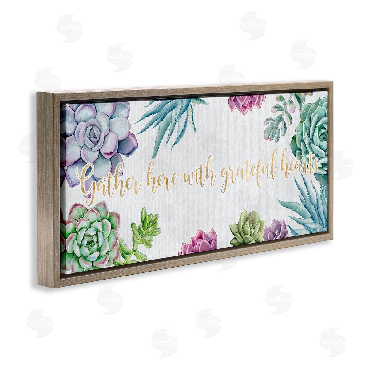 Ziwei Li Gather Here Grateful Hearts Phrase Blooming Succulents Brown Floater Frame Canvas Art