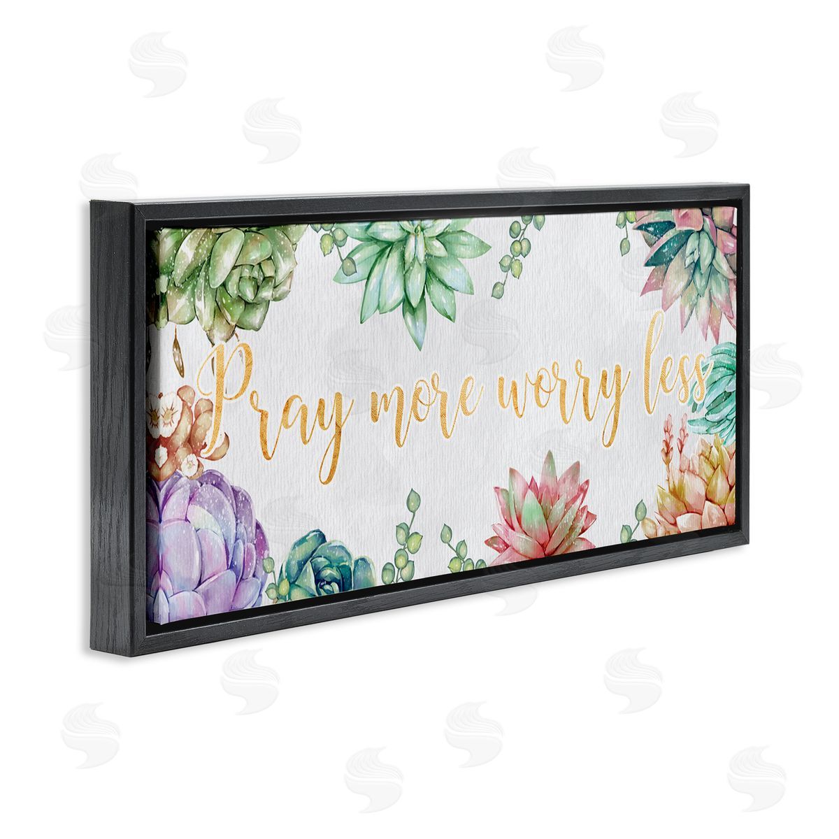 Ziwei Li Pray More Worry Less Phrase Spring Succulent Plants Black Floater Frame Canvas Art