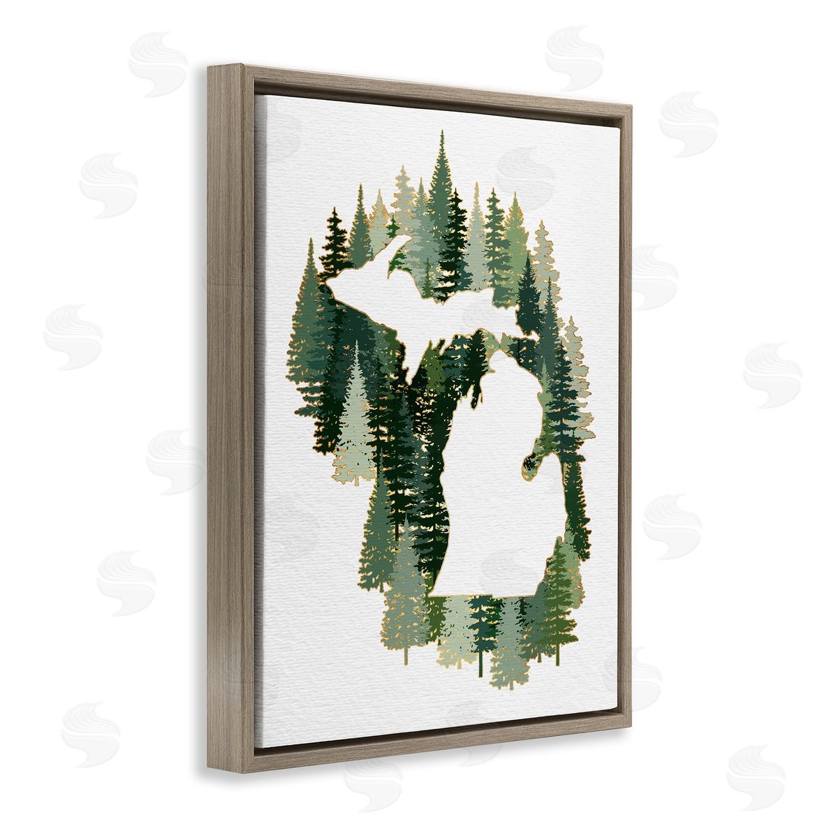 Ziwei Li Michigan State Outline Green Pine Tree Forest Brown Floater Frame Canvas Art