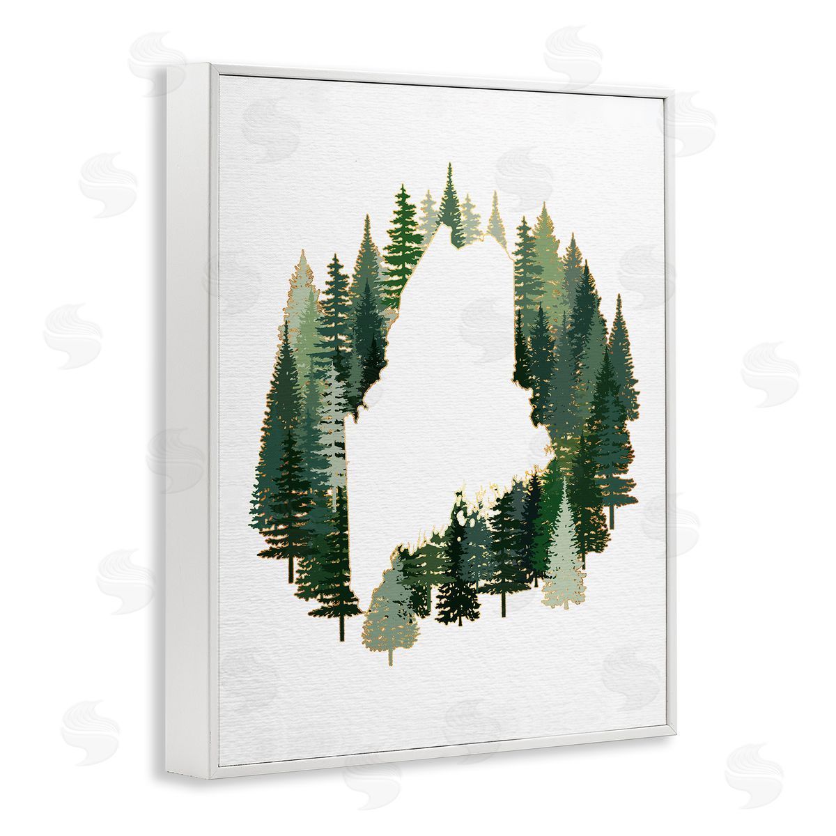 Ziwei Li Maine State Outline Green Forest Pine Trees White Framed Giclee Wall Art