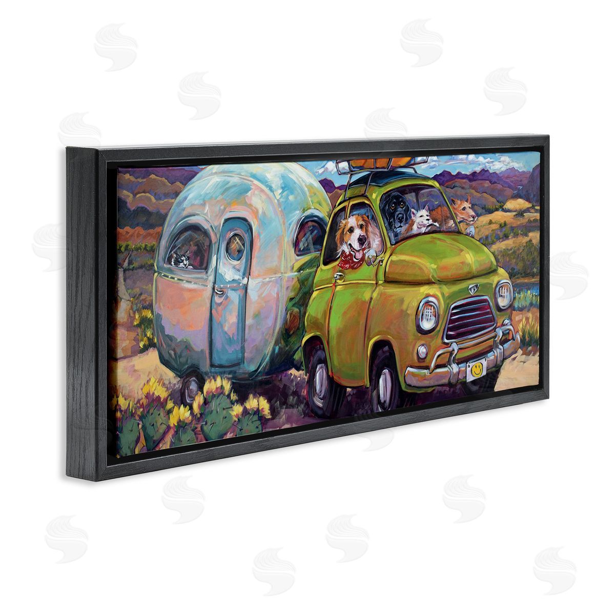 Dogs Driving Camper Van Black Floating Frame Canvas Wall Art, Home Decor by CR Townsend