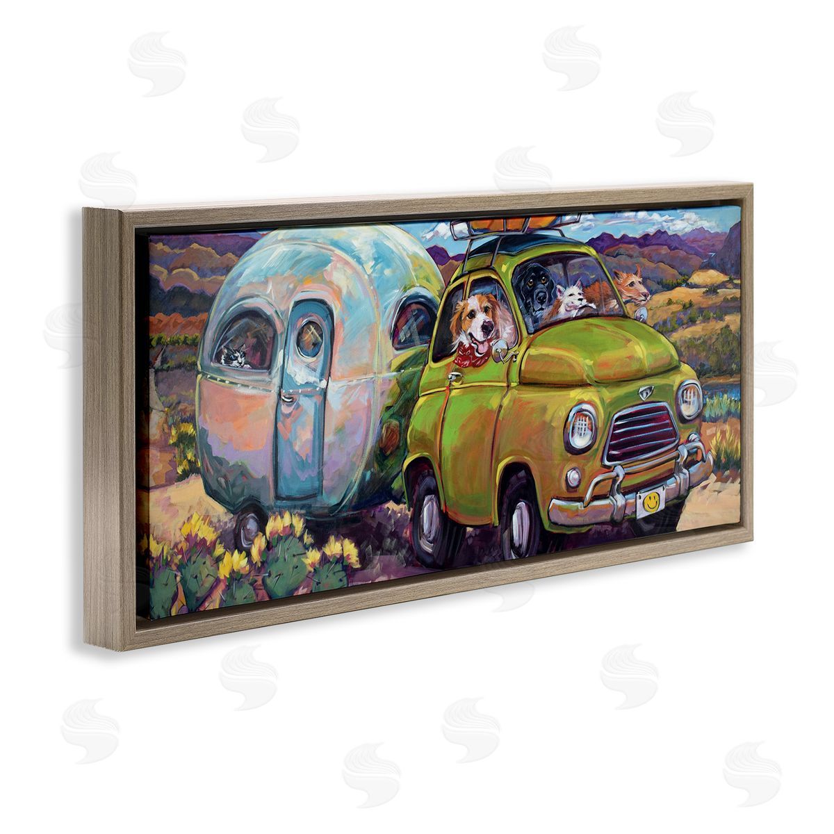 Dogs Driving Camper Van Brown Floating Frame Canvas Wall Art, Home Decor by CR Townsend