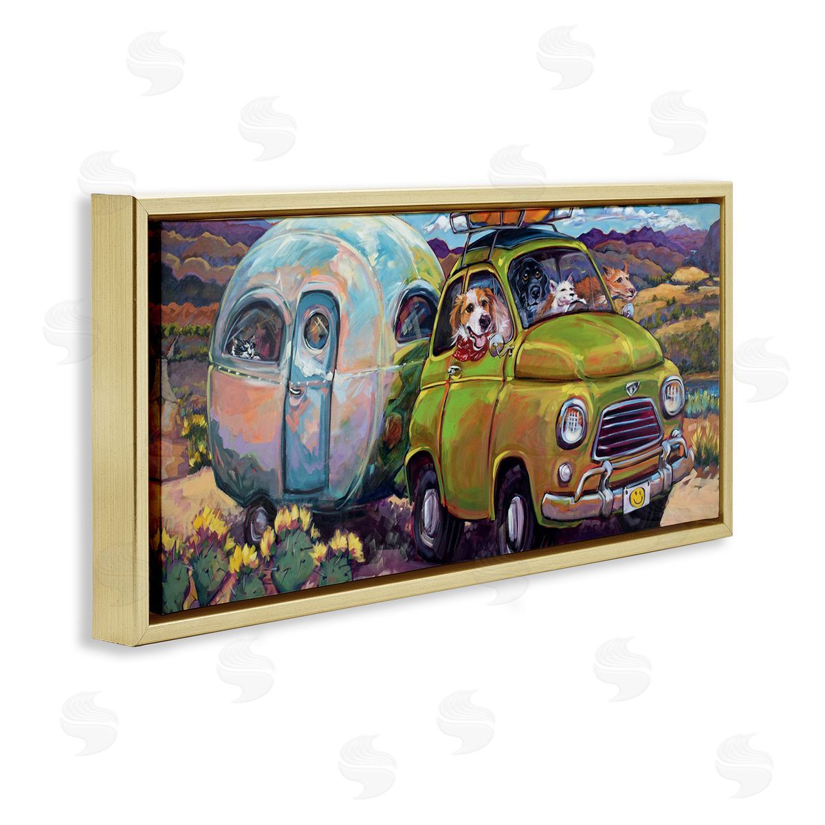 Dogs Driving Camper Van Gold Floating Frame Canvas Wall Art, Home Decor by CR Townsend