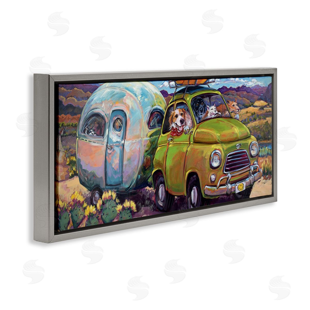 Dogs Driving Camper Van Grey Floating Frame Canvas Wall Art, Home Decor by CR Townsend