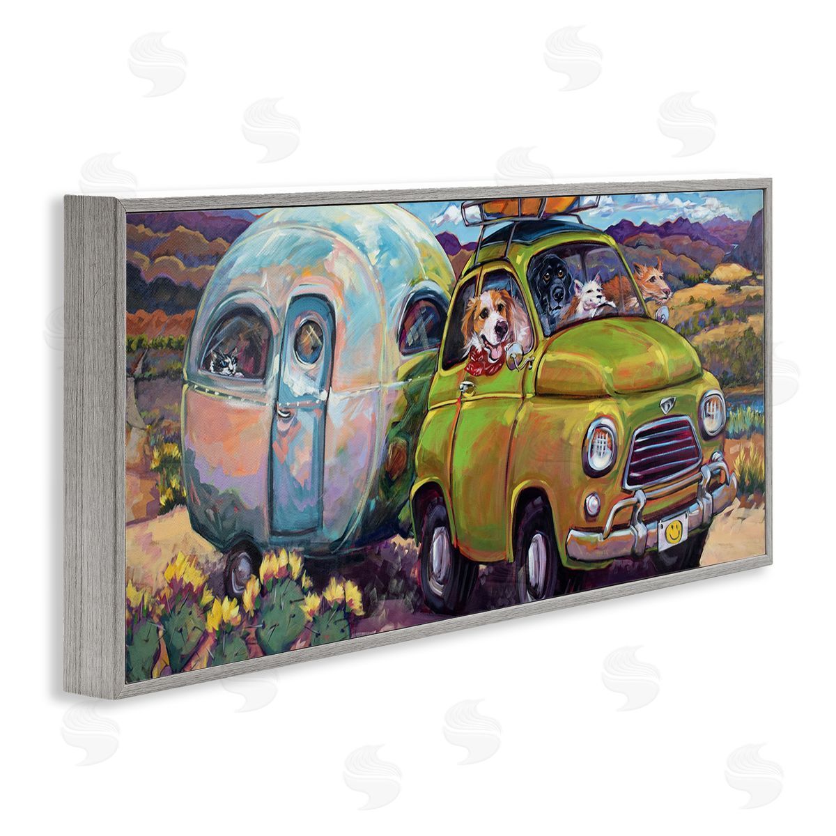Dogs Driving Camper Van Grey Frame Print Wall Art, Home Decor by CR Townsend