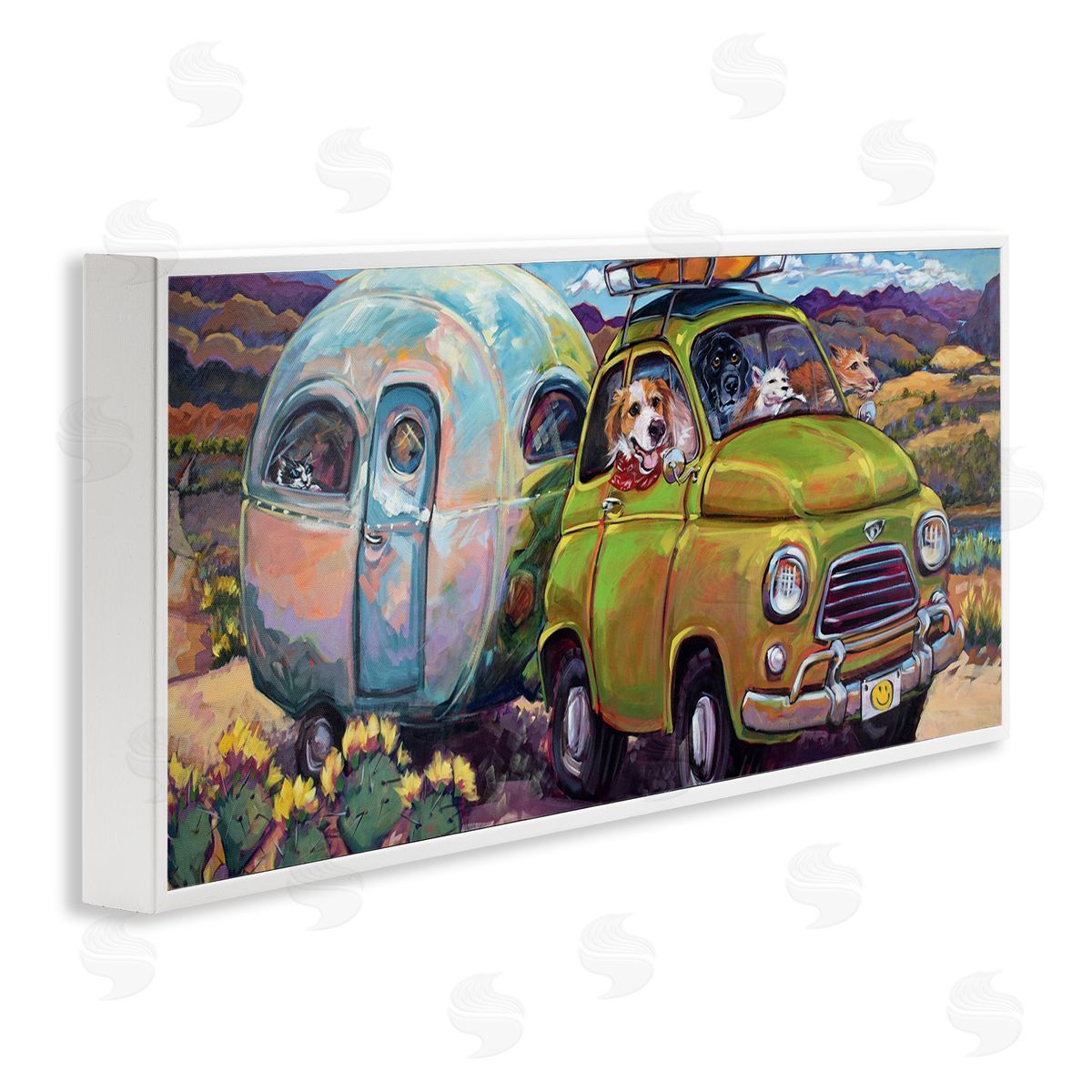 Dogs Driving Camper Van White Frame Print Wall Art, Home Decor by CR Townsend