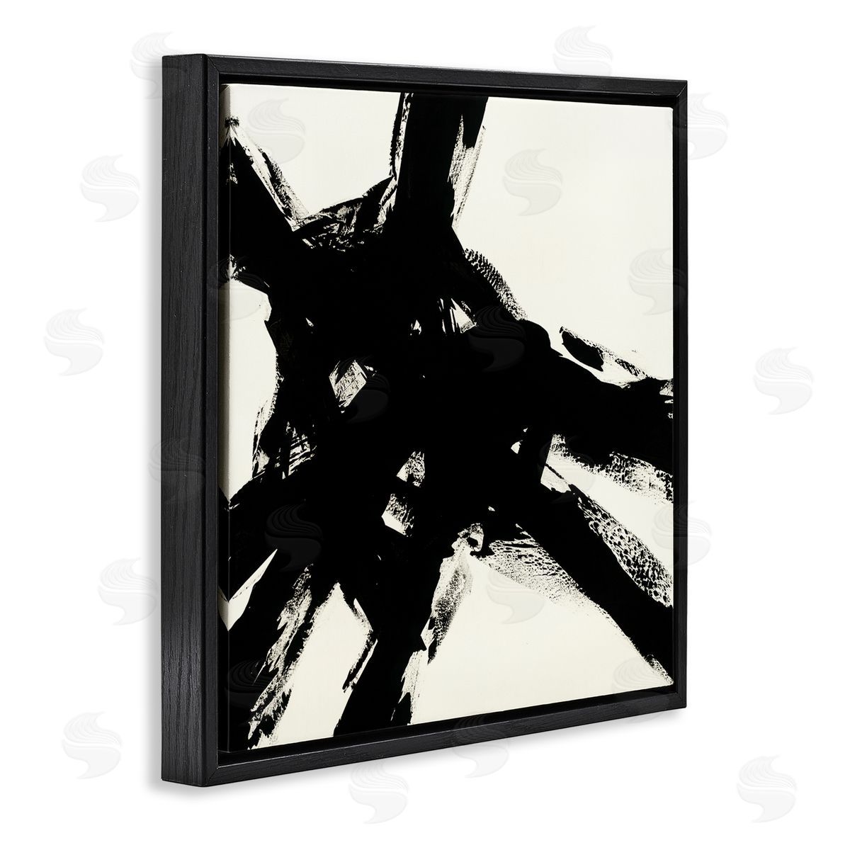 Jeff Iorillo Dominant Black Brushstrokes over Beige Abstraction Black Floater Frame Canvas Art