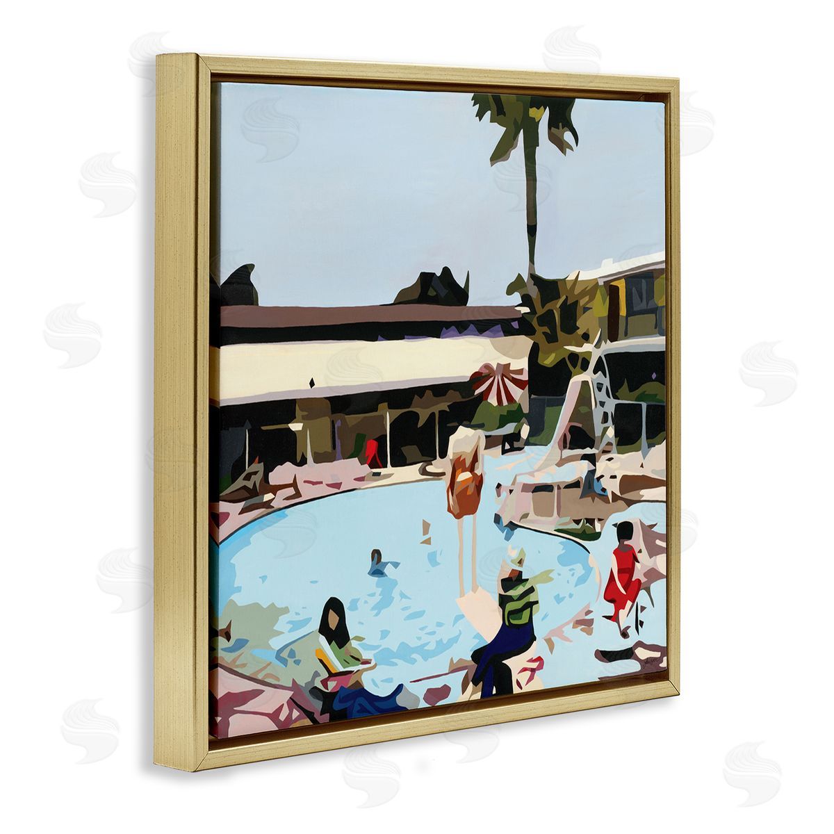 Beth Ann Lawson People Lounging at Pool Party Tropical Scenery Gold Floater Frame Canvas Art