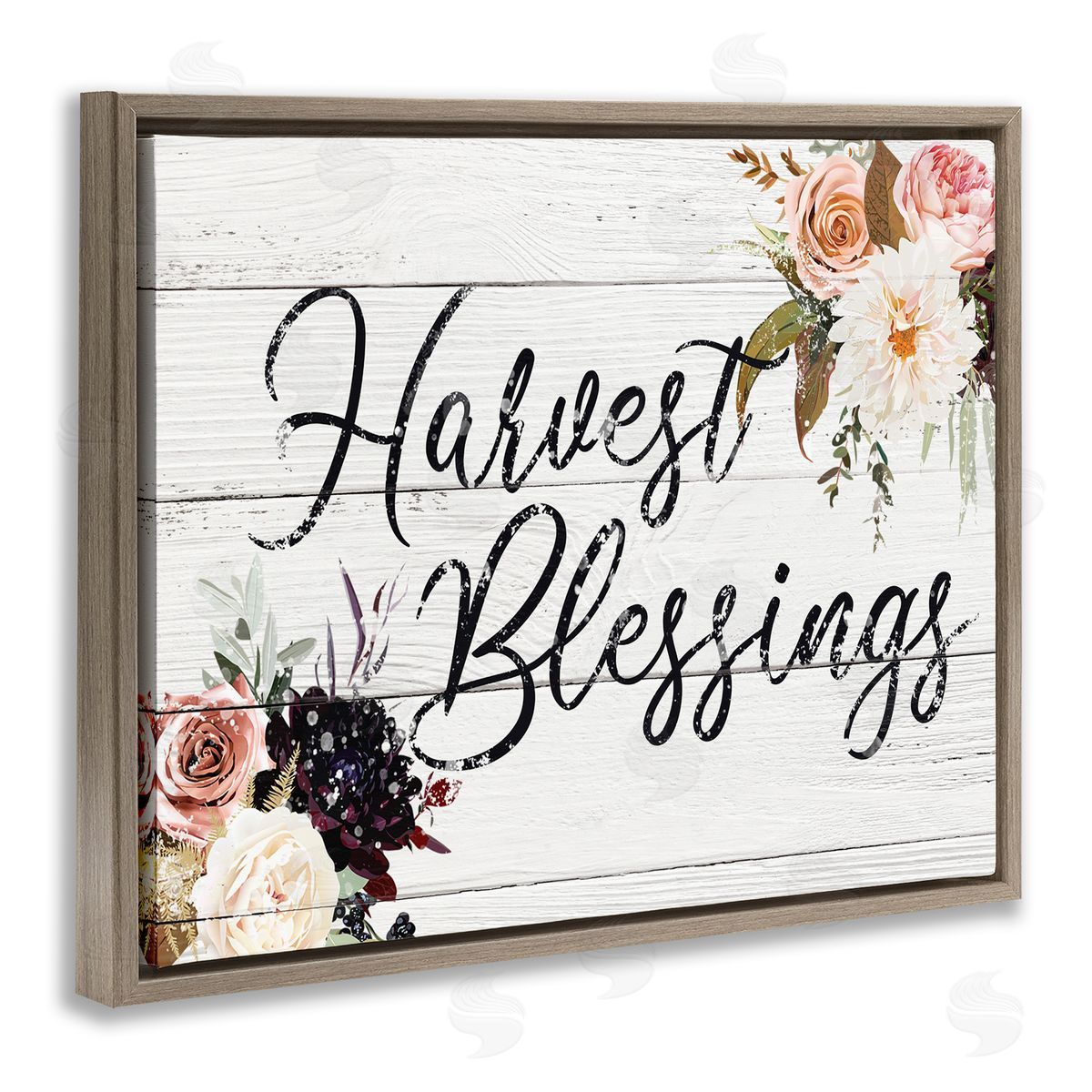 Victoria Brown Harvest Blessings Phrase Pink Peony Floral Arrangements Brown Floater Frame Canvas Art