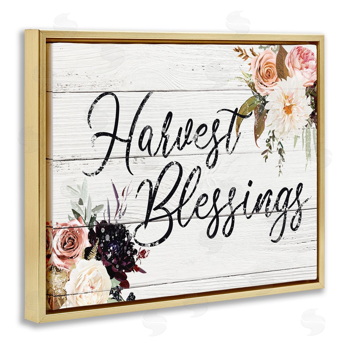 Victoria Brown Harvest Blessings Phrase Pink Peony Floral Arrangements Gold Floater Frame Canvas Art