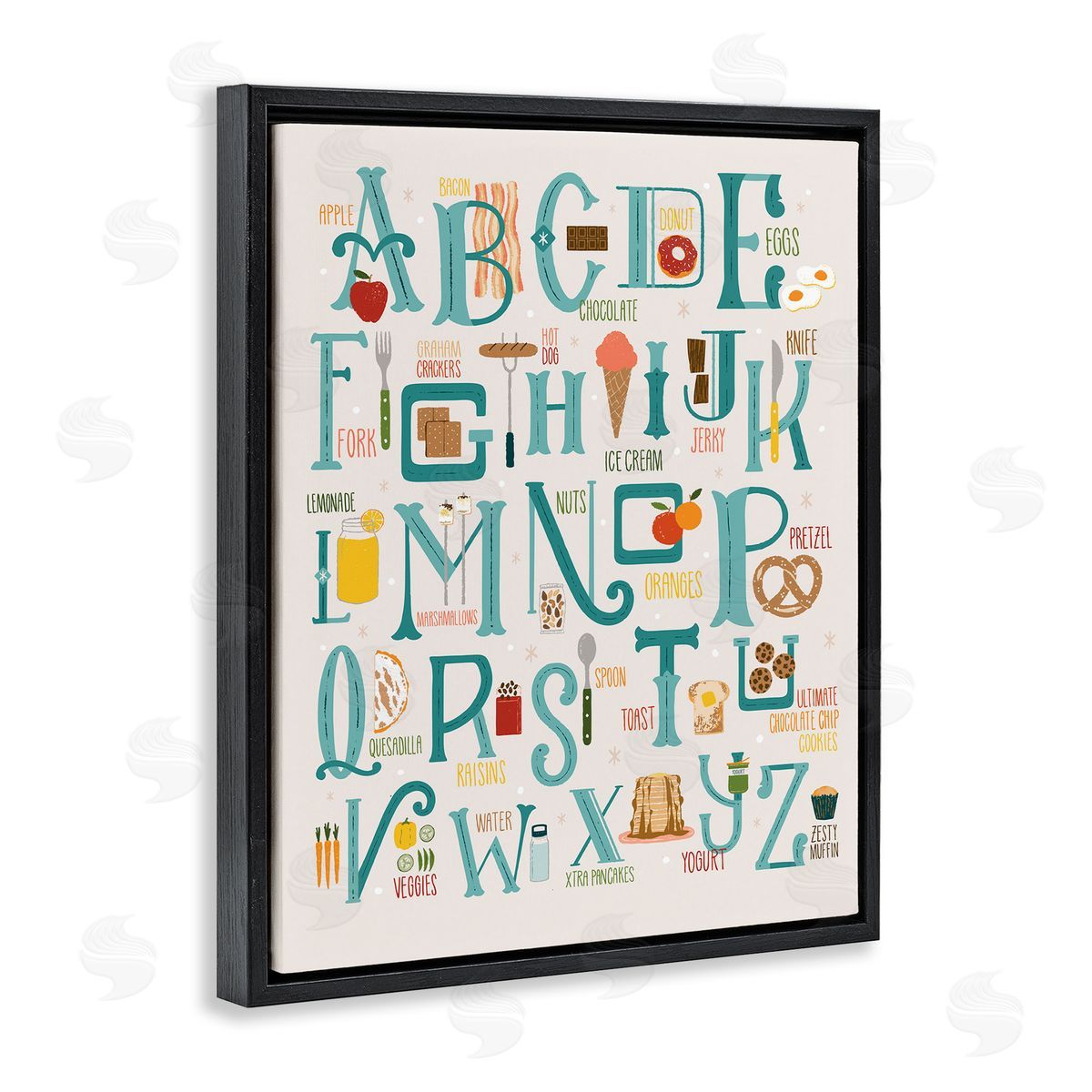 Zirkus Design Alphabet of Foods Vintage Kitchen Letter Chart Black Floater Frame Canvas Art