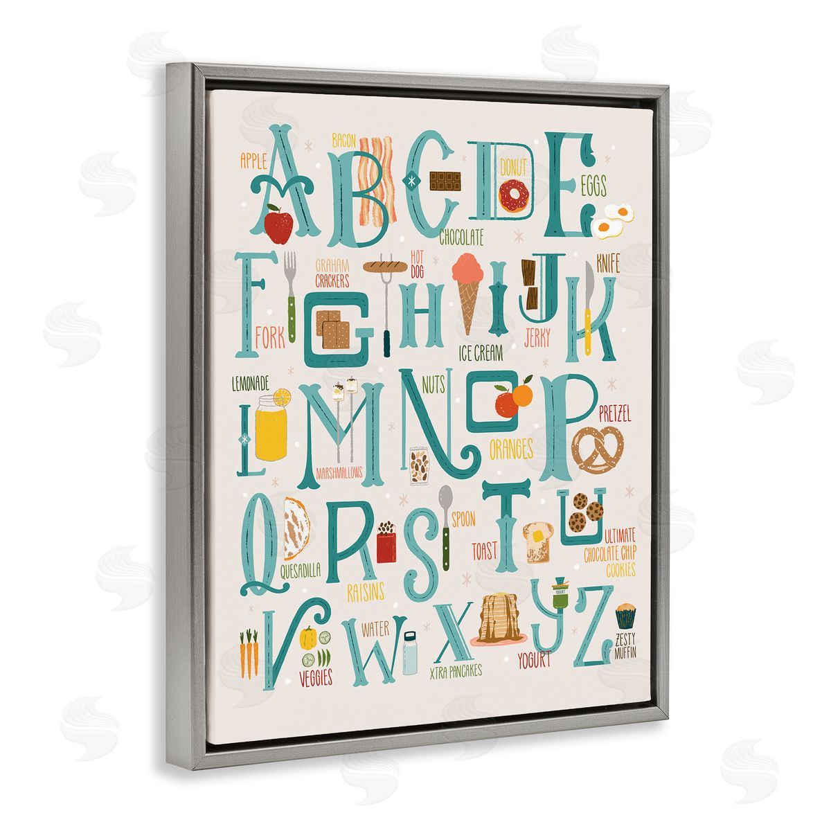 Zirkus Design Alphabet of Foods Vintage Kitchen Letter Chart Gray Floater Frame Canvas Art