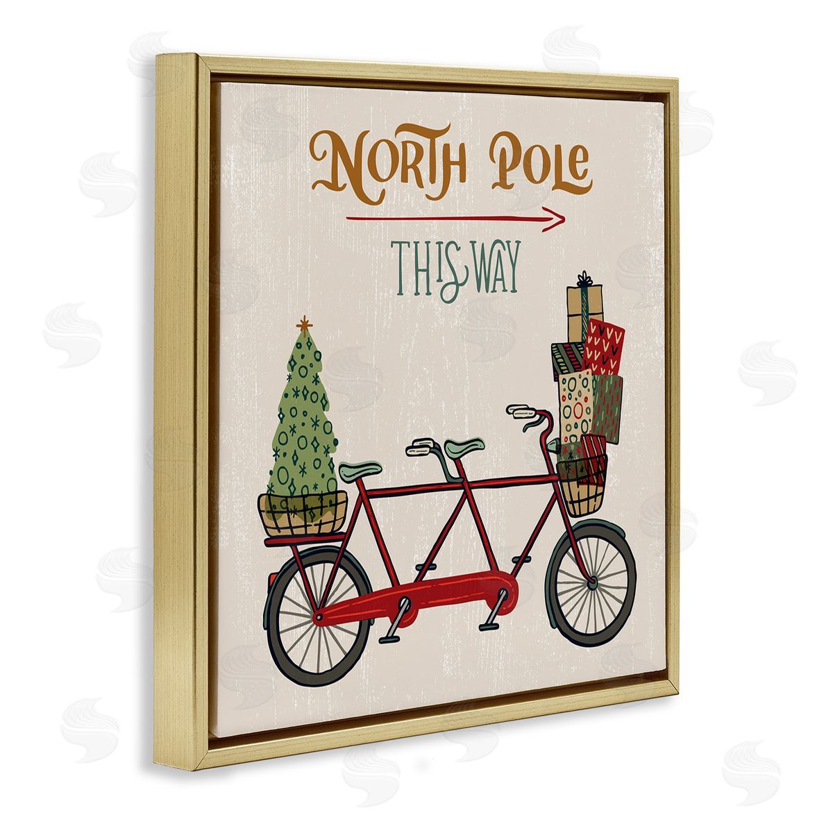 Zirkus Design North Pole Directional Red Christmas Tandem Bicycle Gold Floater Frame Canvas Art