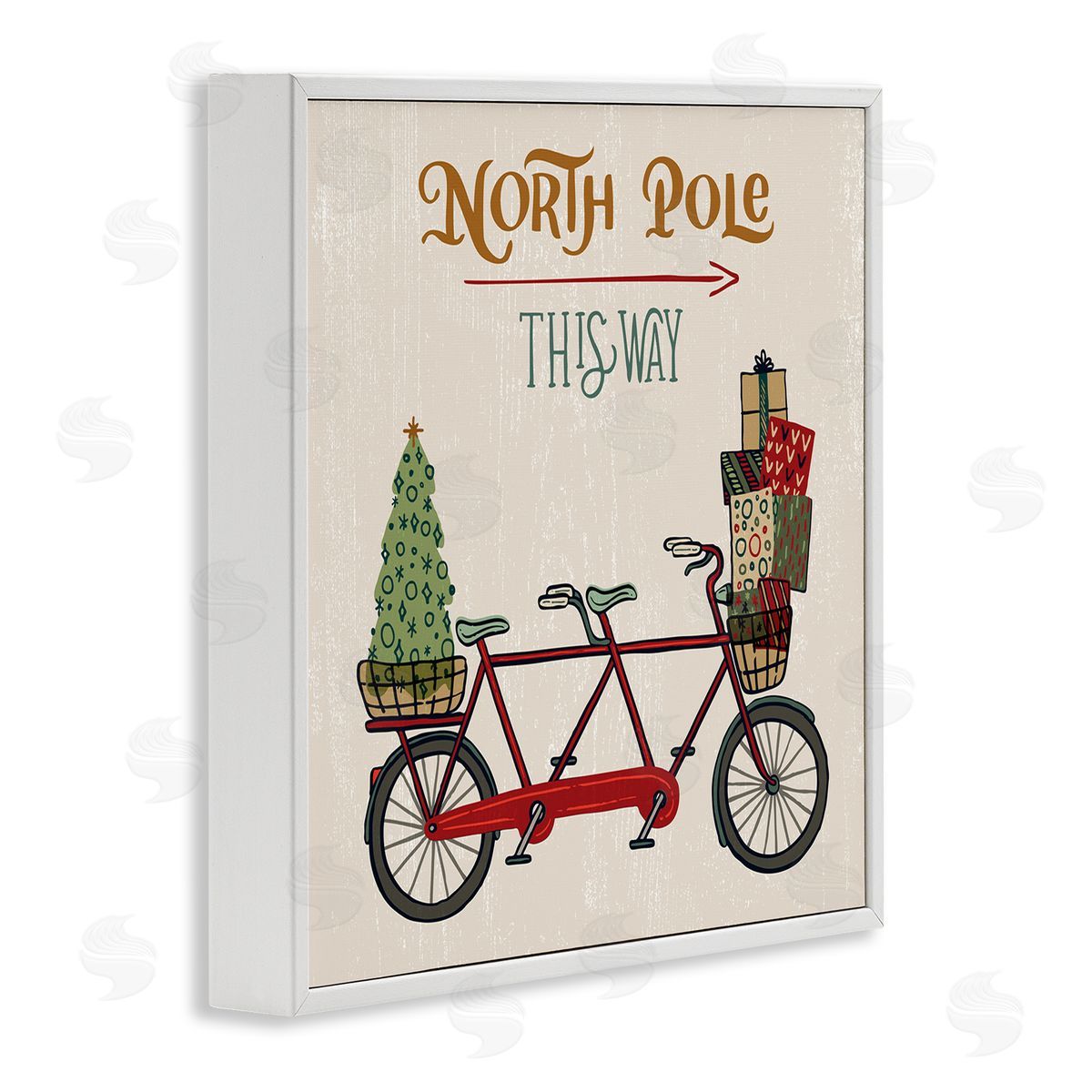 Zirkus Design North Pole Directional Red Christmas Tandem Bicycle White Framed Giclee Wall Art