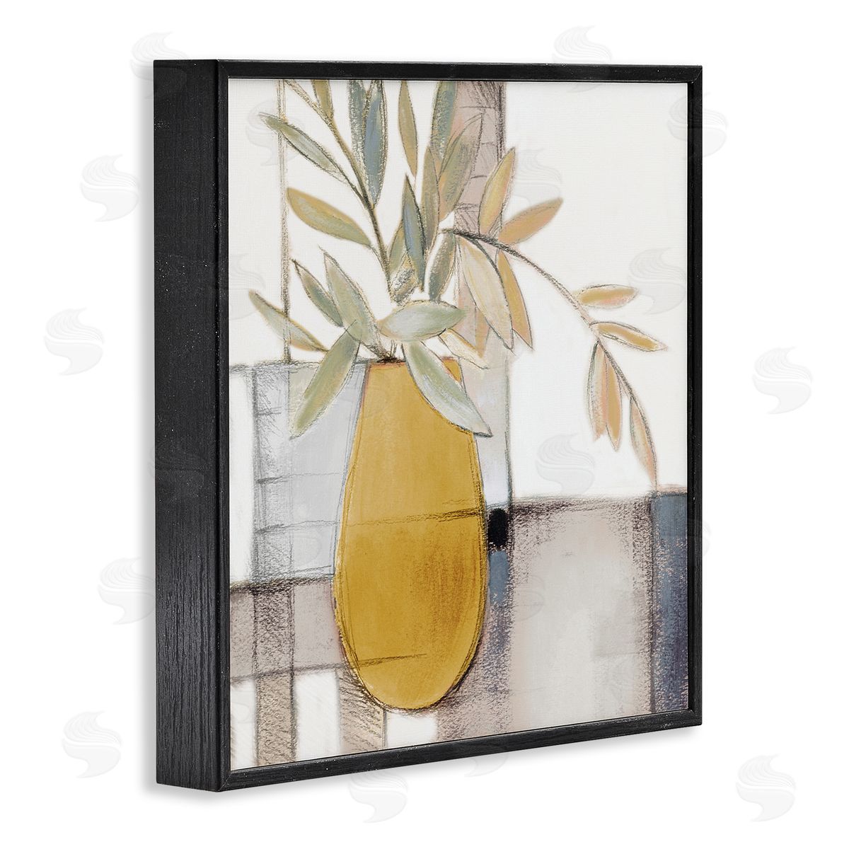 Lanie Loreth Yellow Foliage Vase over Abstract Grid Pattern Black Framed Giclee Wall Art