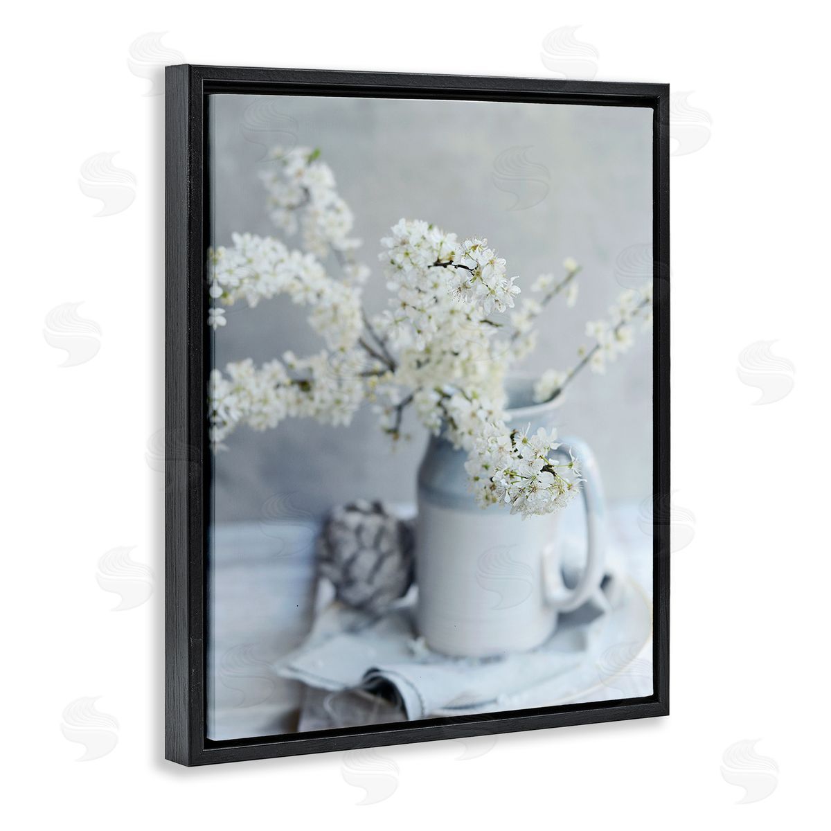 Sarah Gardner White Blossom Florals in Soft Country Mug Black Floater Frame Canvas Art