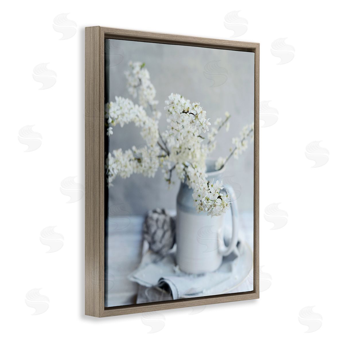 Sarah Gardner White Blossom Florals in Soft Country Mug Brown Floater Frame Canvas Art