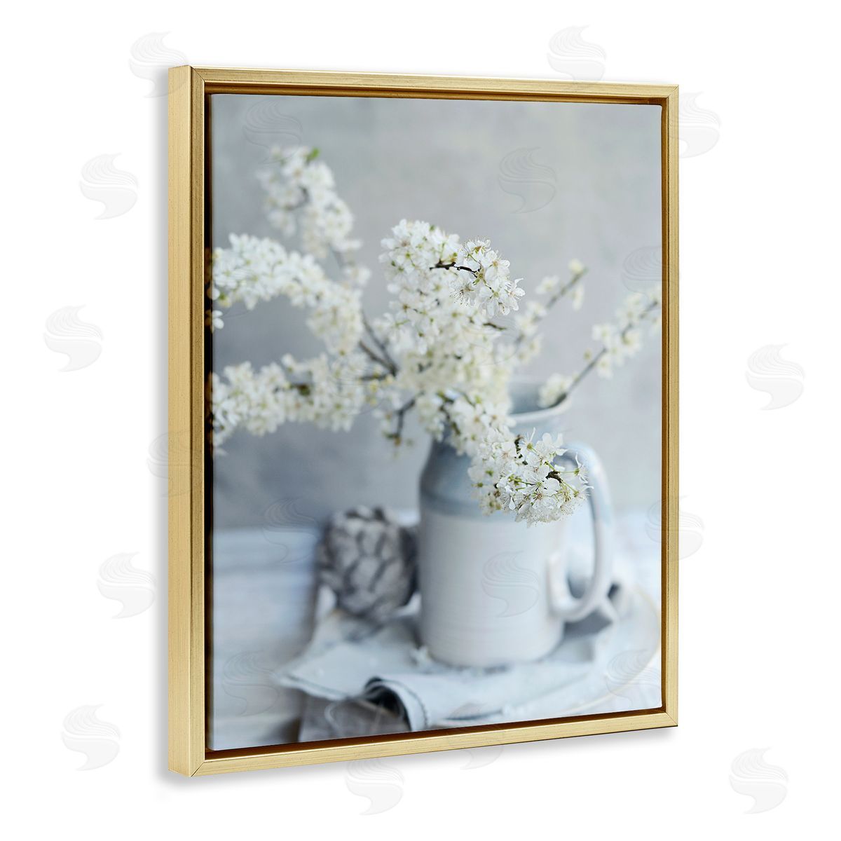 Sarah Gardner White Blossom Florals in Soft Country Mug Gold Floater Frame Canvas Art