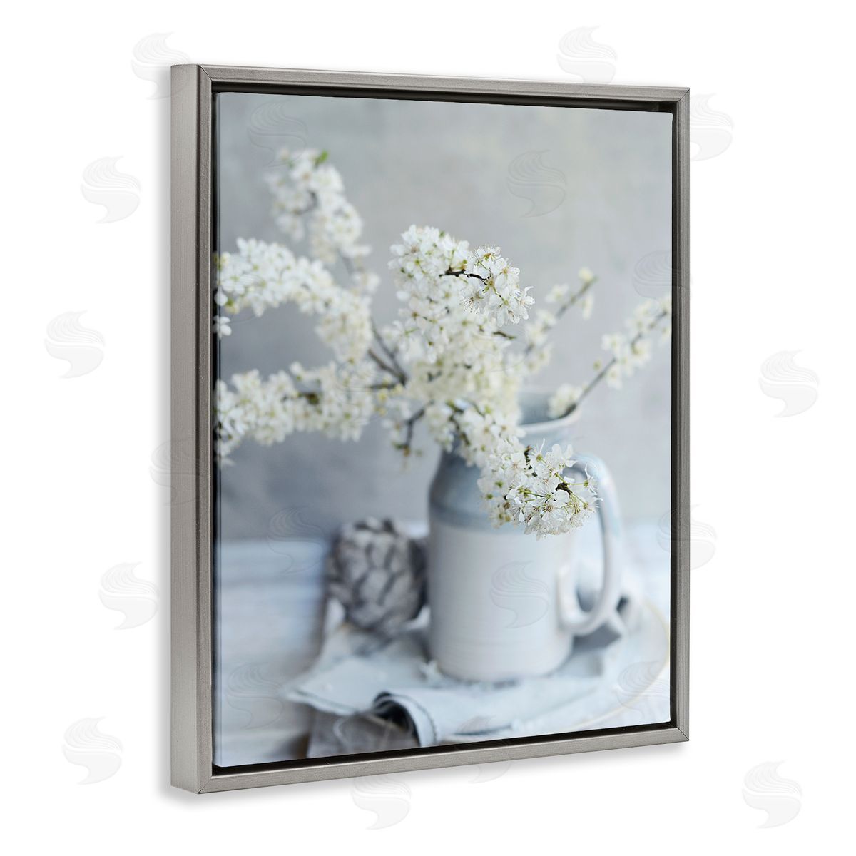 Sarah Gardner White Blossom Florals in Soft Country Mug Gray Floater Frame Canvas Art