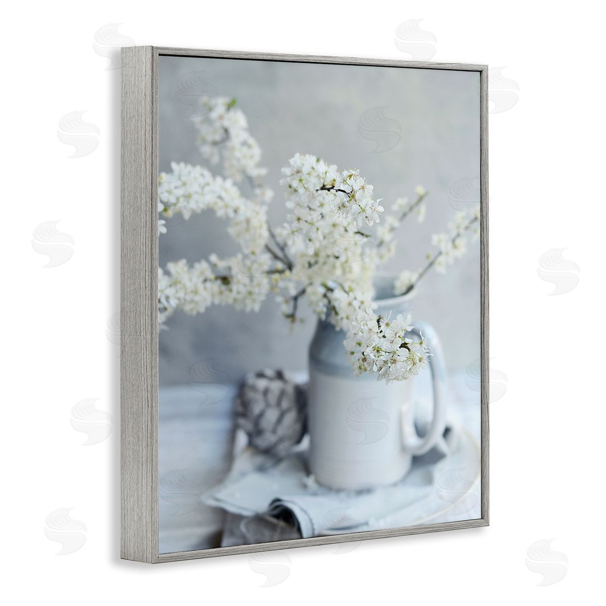 Sarah Gardner White Blossom Florals in Soft Country Mug Gray Framed Giclee Wall Art
