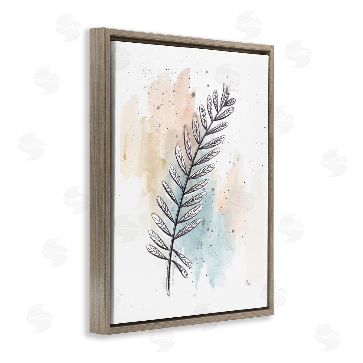 Patricia Pinto Foliage Plant Stem over Blue Beige Watercolor Brown Floater Frame Canvas Art