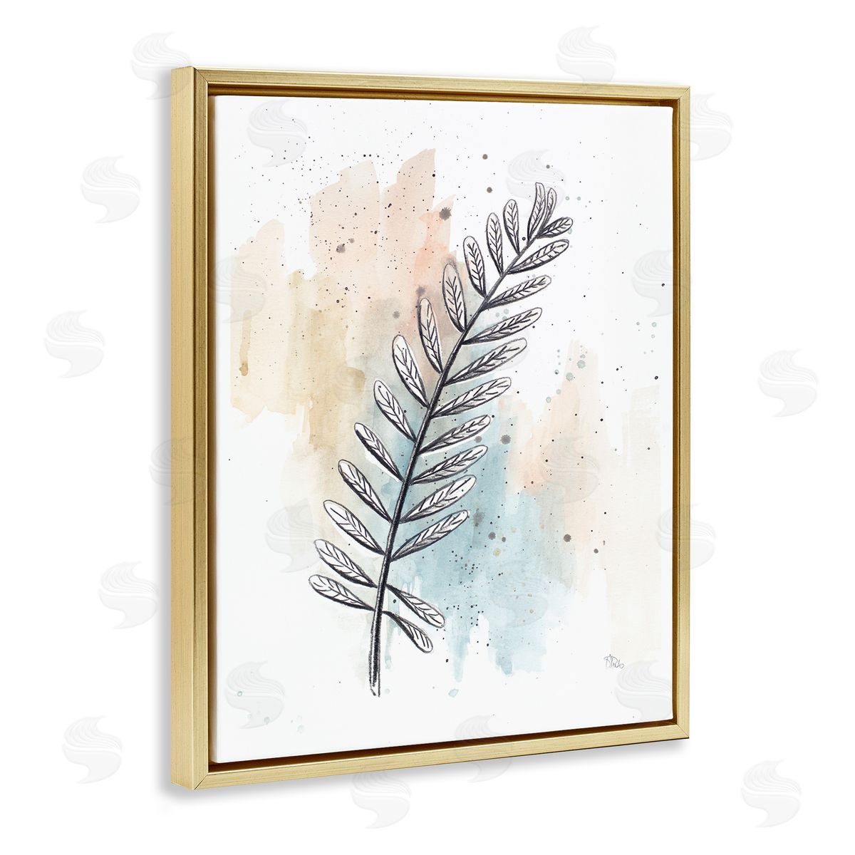 Patricia Pinto Foliage Plant Stem over Blue Beige Watercolor Gold Floater Frame Canvas Art