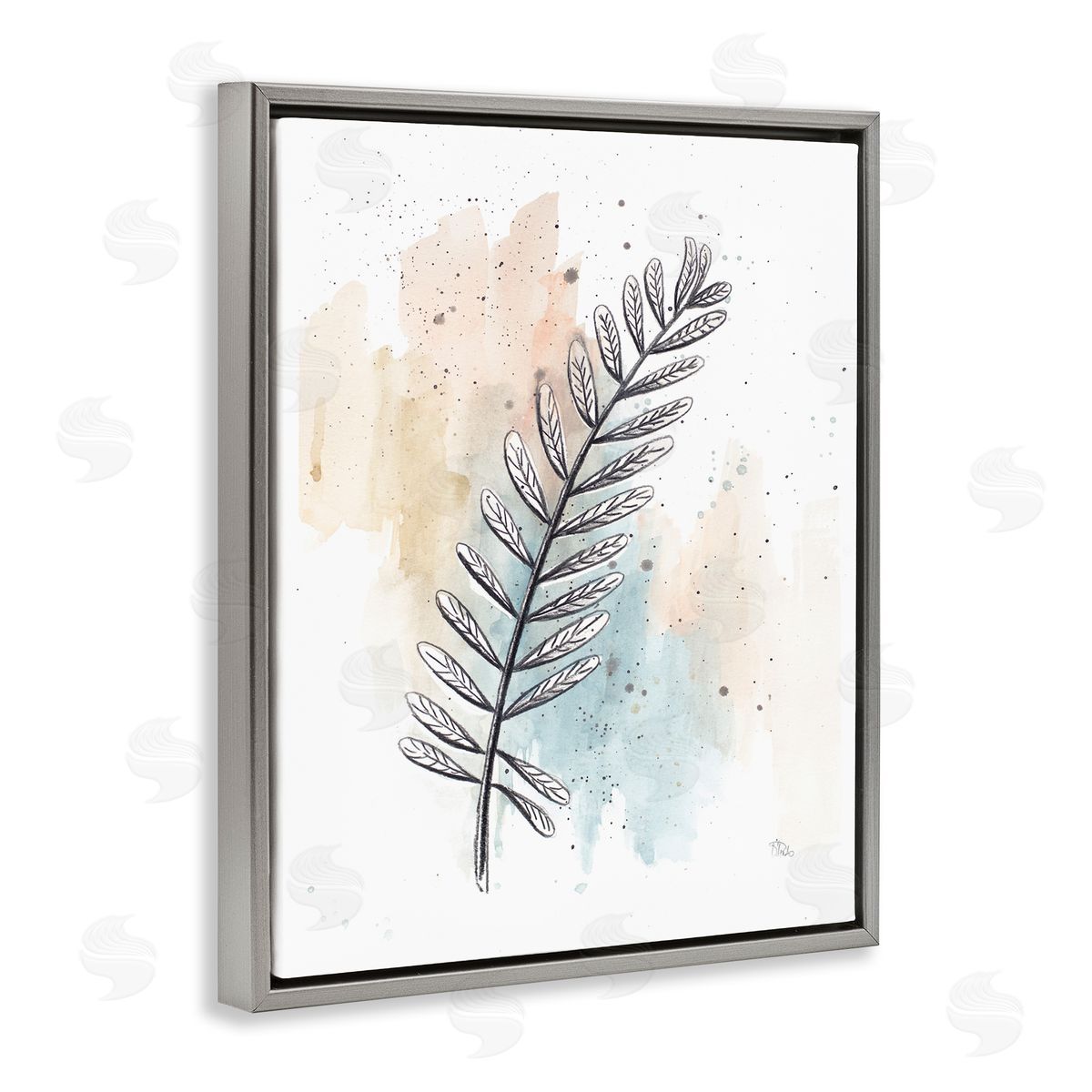 Patricia Pinto Foliage Plant Stem over Blue Beige Watercolor Gray Floater Frame Canvas Art
