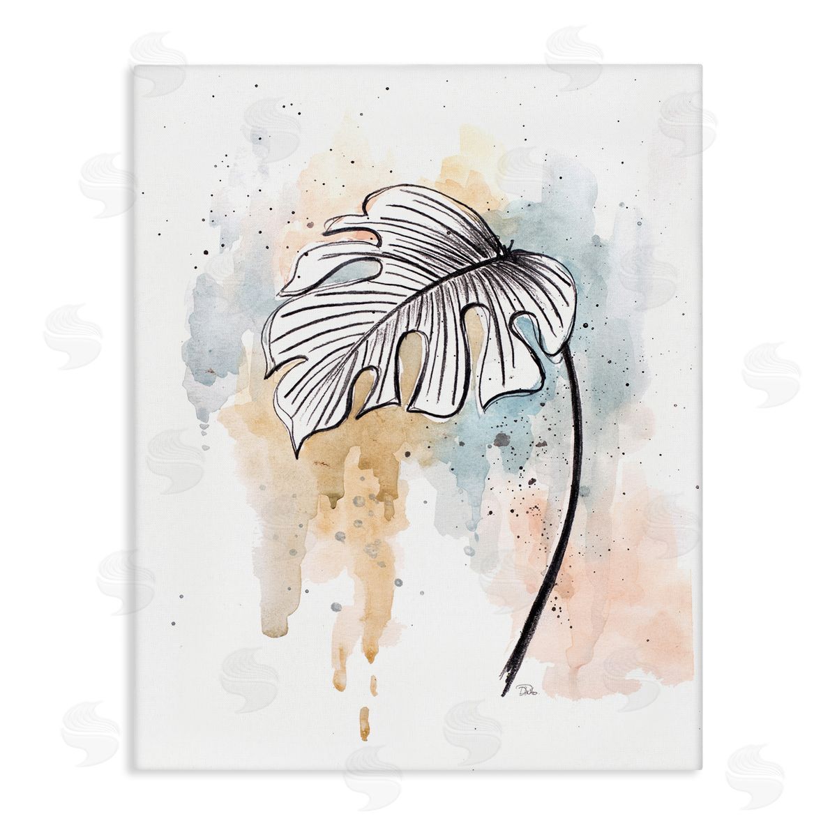 Patricia Pinto Monstera Plant Stem Blue Brown Splatter Watercolor Canvas Wall Art