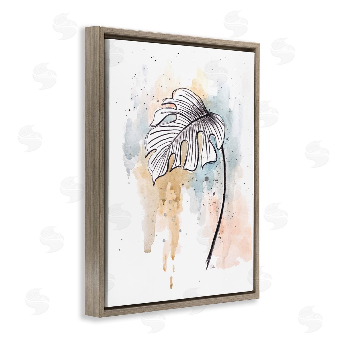 Patricia Pinto Monstera Plant Stem Blue Brown Splatter Watercolor Brown Floater Frame Canvas Art