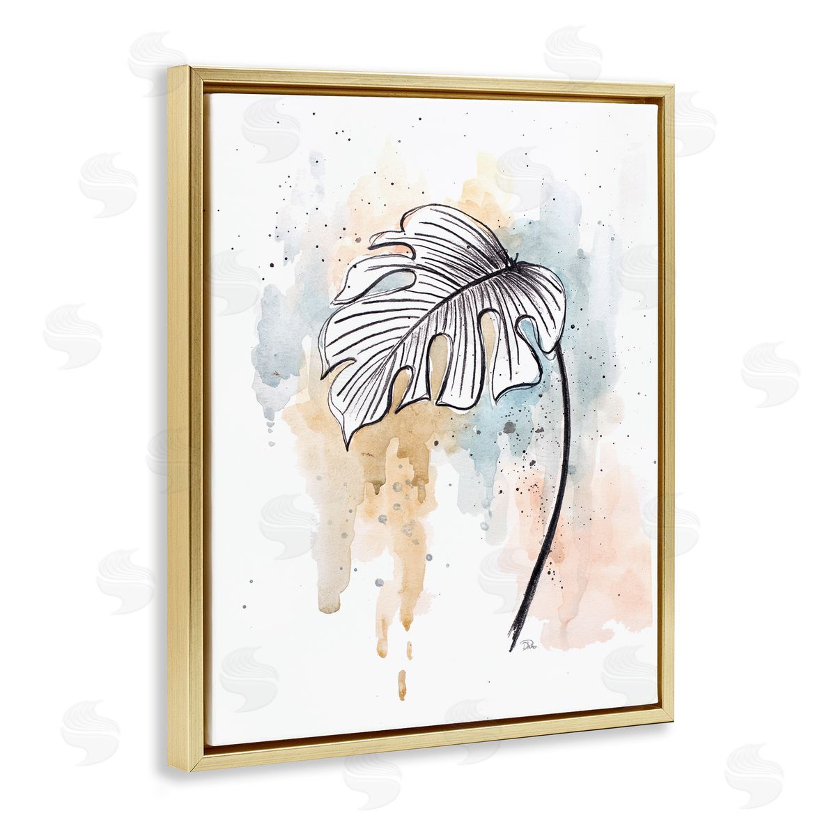 Patricia Pinto Monstera Plant Stem Blue Brown Splatter Watercolor Gold Floater Frame Canvas Art