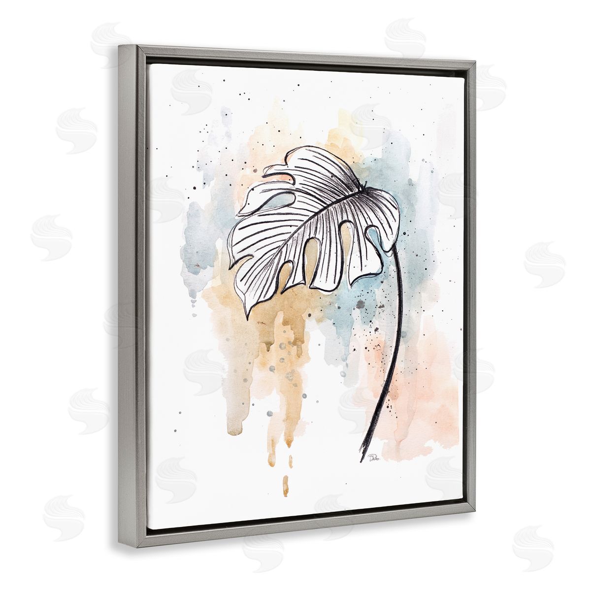 Patricia Pinto Monstera Plant Stem Blue Brown Splatter Watercolor Gray Floater Frame Canvas Art