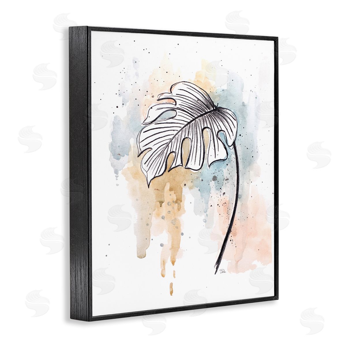 Patricia Pinto Monstera Plant Stem Blue Brown Splatter Watercolor Black Framed Giclee Wall Art