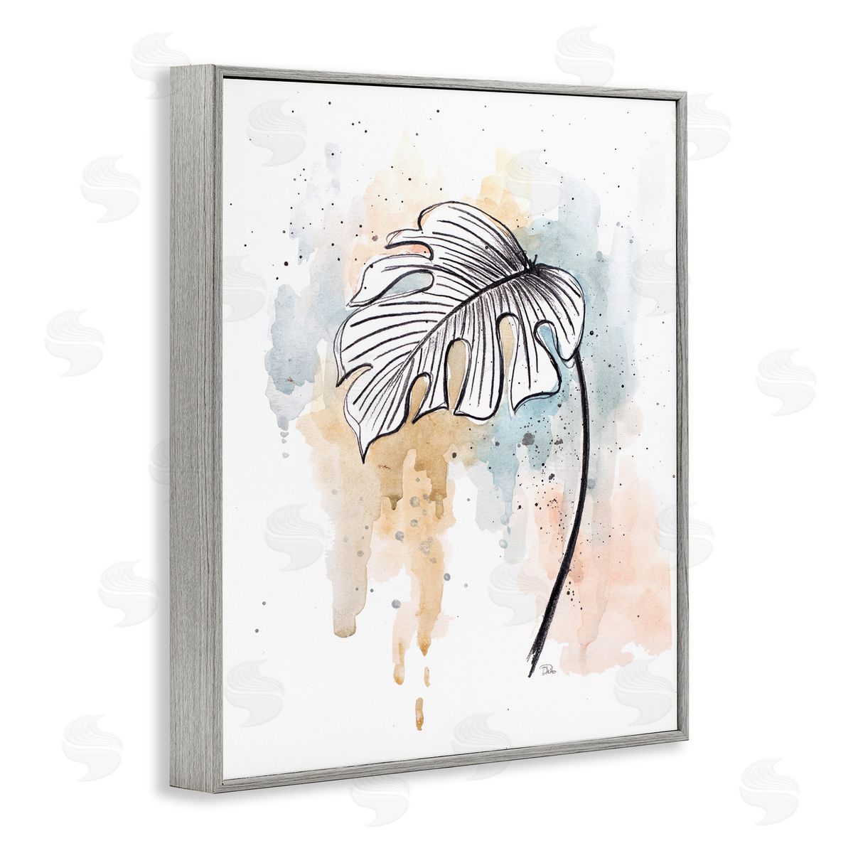 Patricia Pinto Monstera Plant Stem Blue Brown Splatter Watercolor Gray Framed Giclee Wall Art