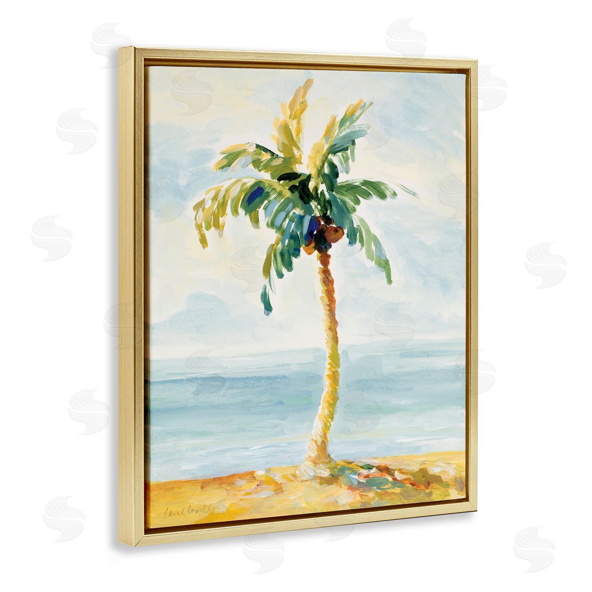 Lanie Loreth Palm Tree with Coconuts on Beach Sand Gold Floater Frame Canvas Art