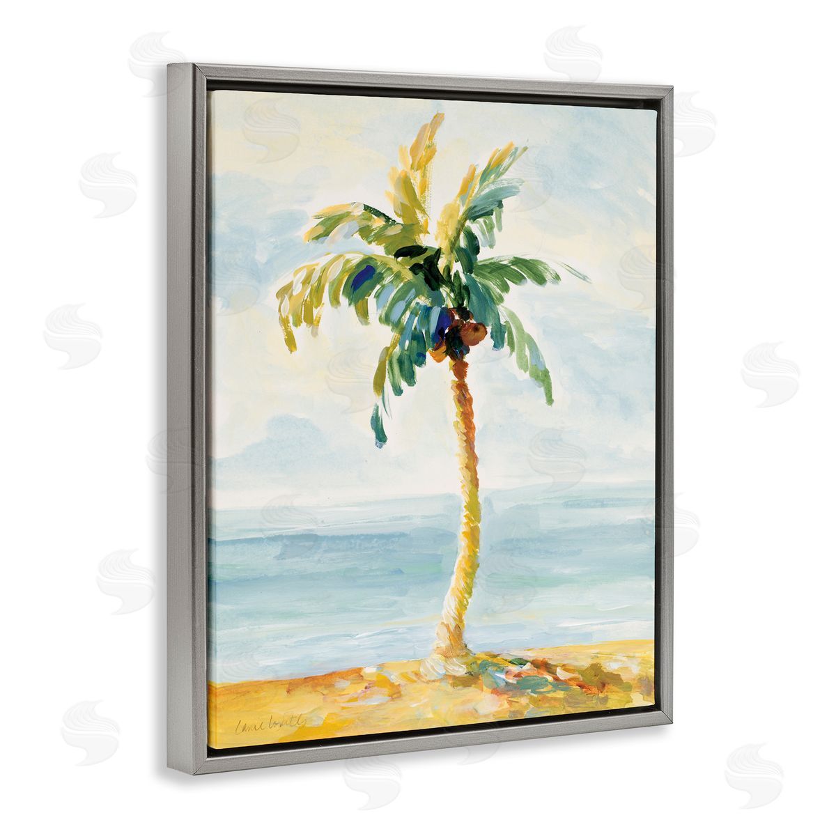 Lanie Loreth Palm Tree with Coconuts on Beach Sand Gray Floater Frame Canvas Art