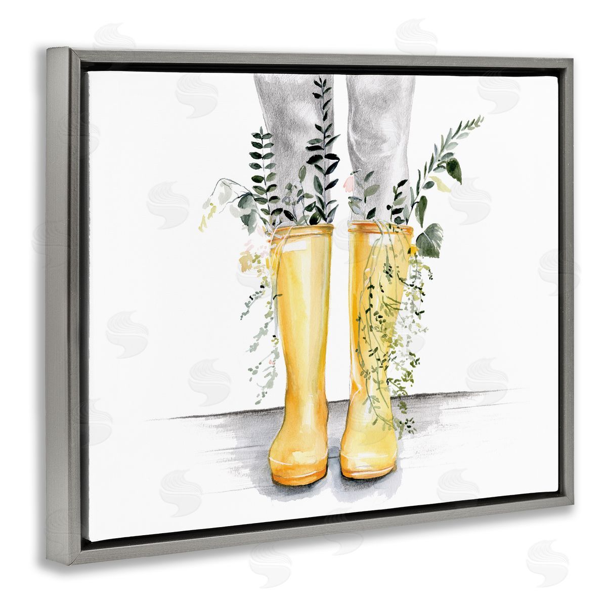 Jennifer Paxton Parker Yellow Rainboot Bouquets Chic Wildflower Foliage Gray Floater Frame Canvas Art