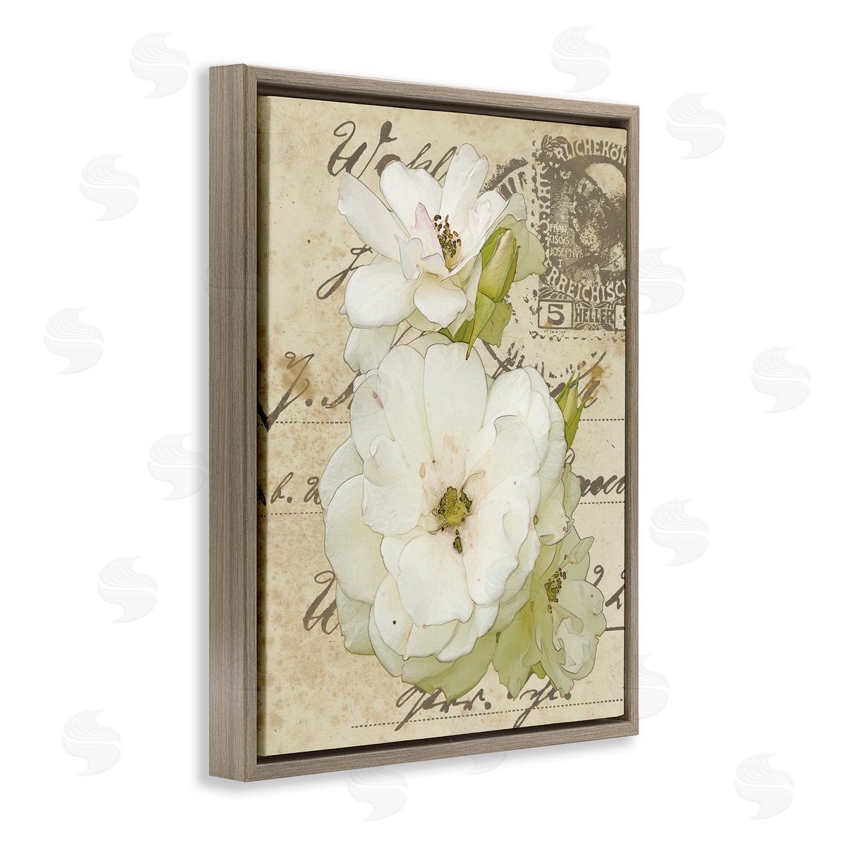 Alonzo Saunders White Country Florals over Vintage Postal Card Brown Floater Frame Canvas Art