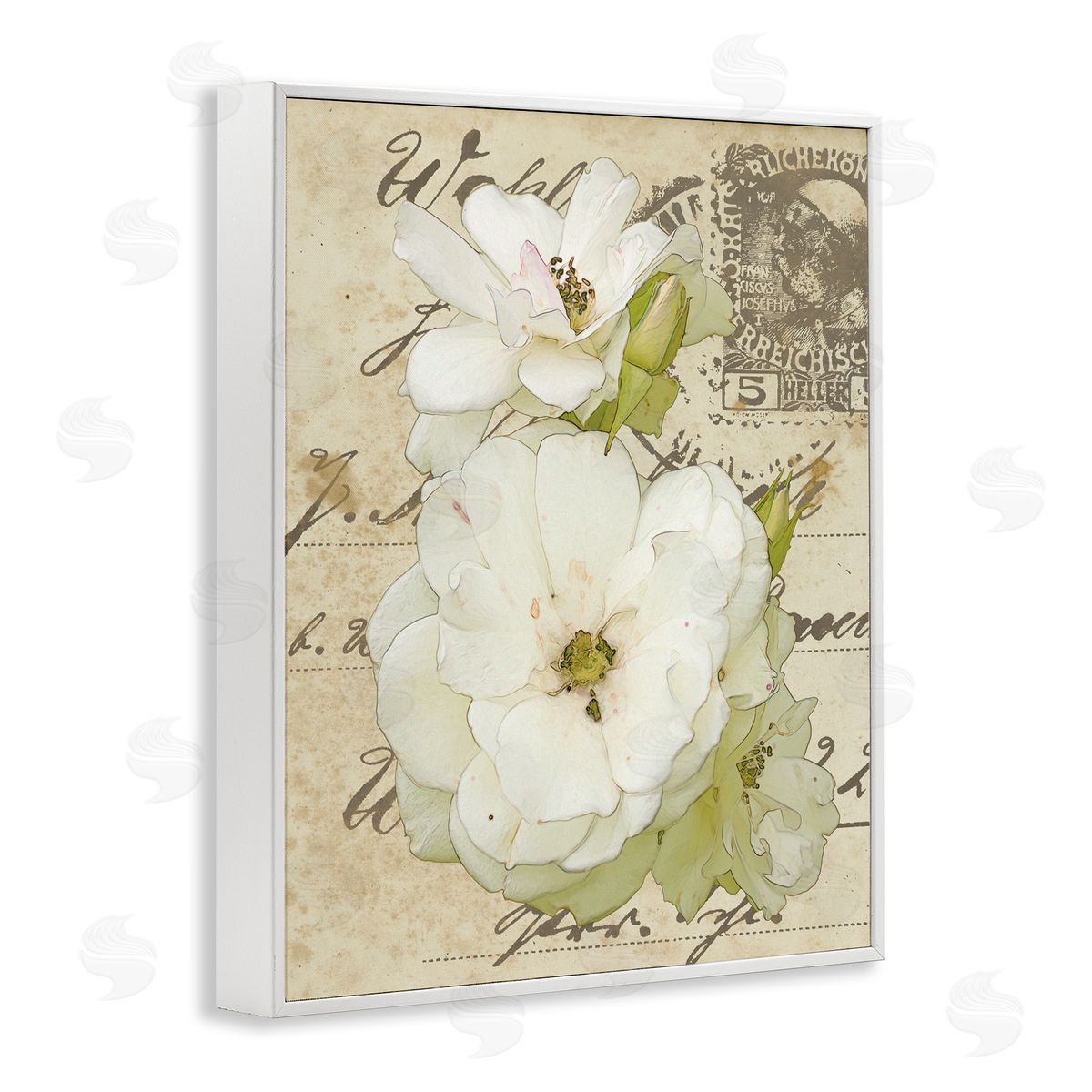 Alonzo Saunders White Country Florals over Vintage Postal Card White Framed Giclee Wall Art