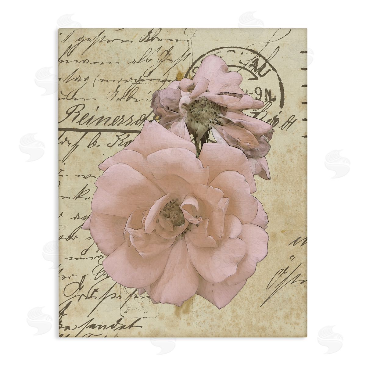 Alonzo Saunders Soft Pink Florals on Vintage Postal Letter Canvas Wall Art