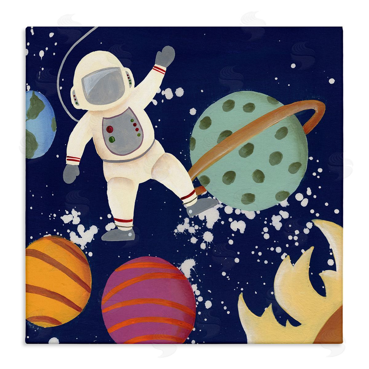 Regina Moore Playful Waving Astronaut Outer Space Adventure Stretched Canvas Wall Art Print